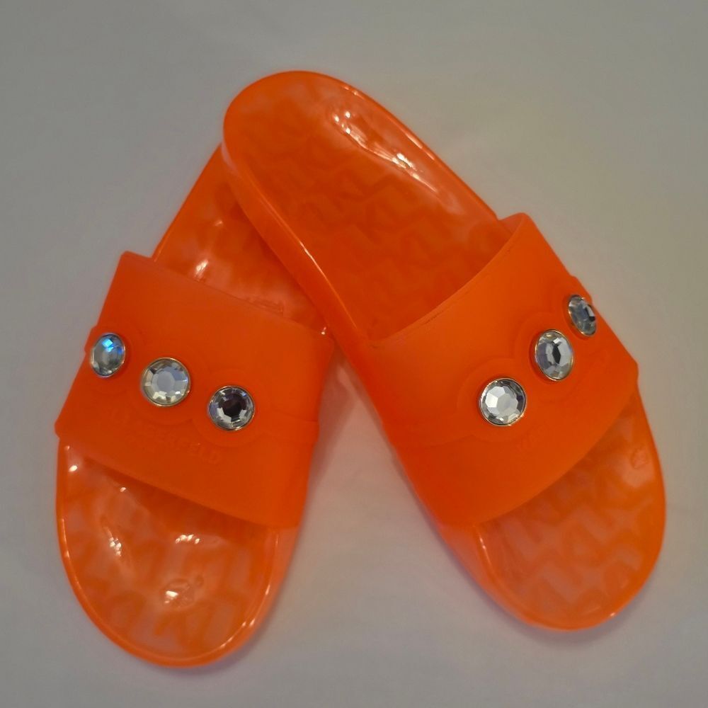 BRAND NEW KARL LAGERFELD TEAL SLIDE with CRYSTAL DETAILS SANDAL R3
